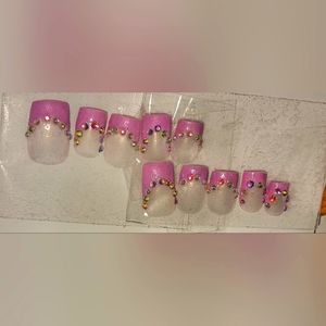 Pink French with Rinestones Press on Nails & Top Coat